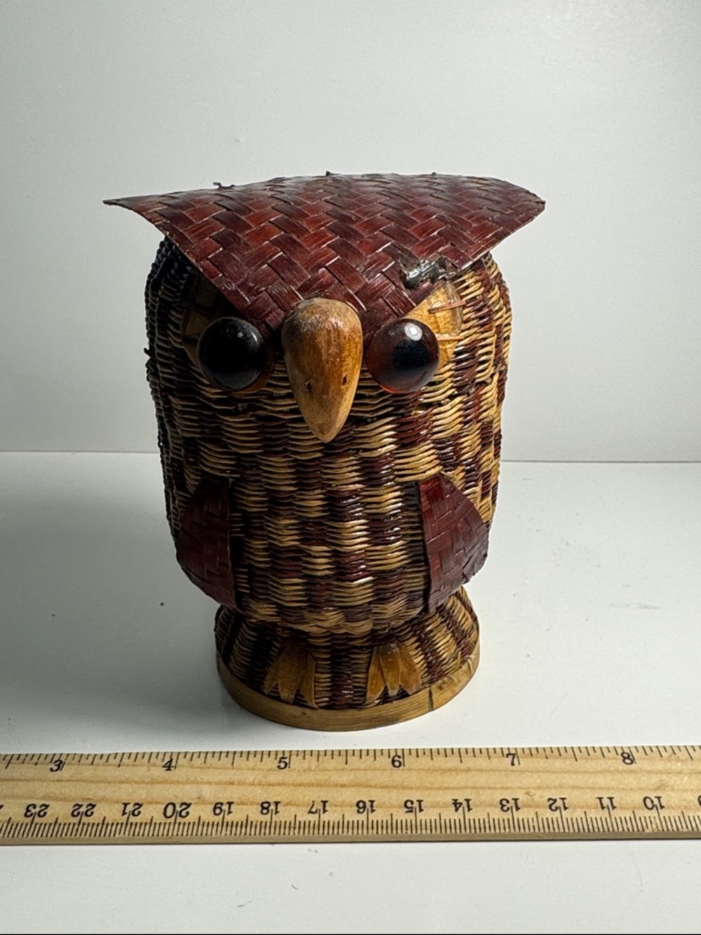 vintage 1970s woven wicker or rattan owl basket associated Shanghai Handicrafts